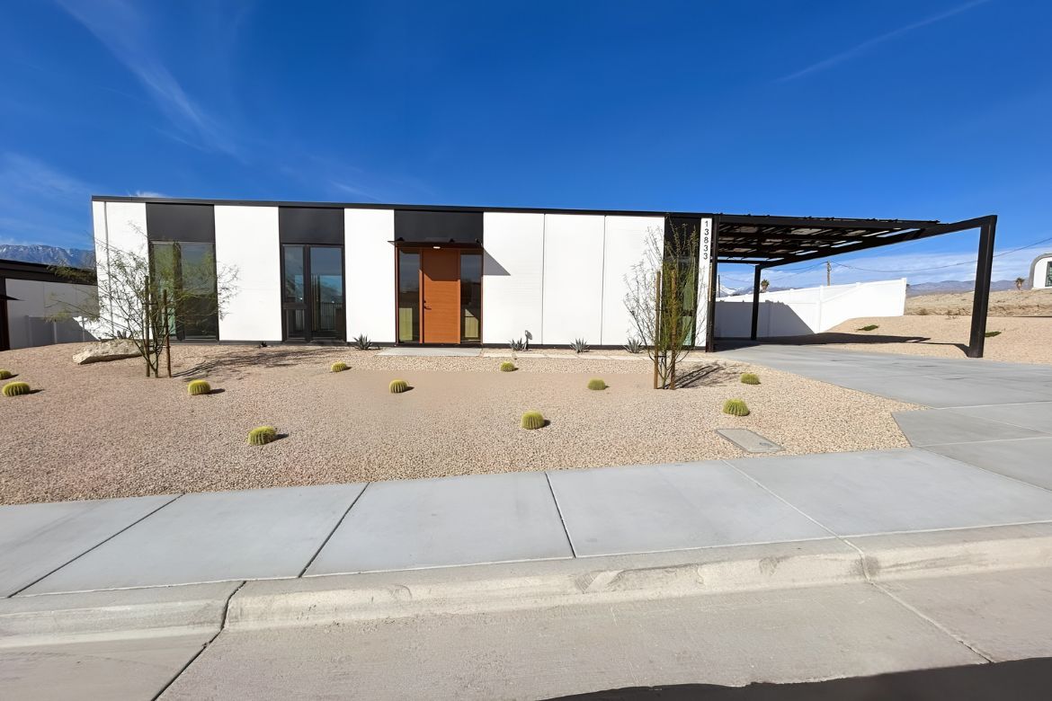 Modern ADU exterior street view with desert landscaping and contemporary architectural design