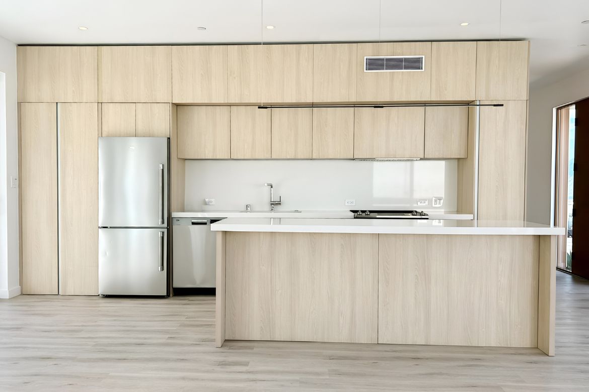 Modern kitchen remodel with light wood cabinetry, integrated appliances, and minimalist island design